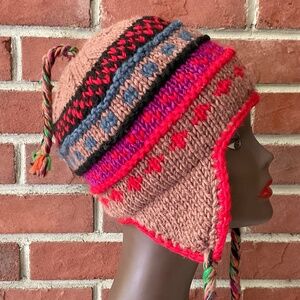 Sherpa Multicolor Wool Earflap Lined Beanie Chullo Hat Made in Nepal O/S NEW